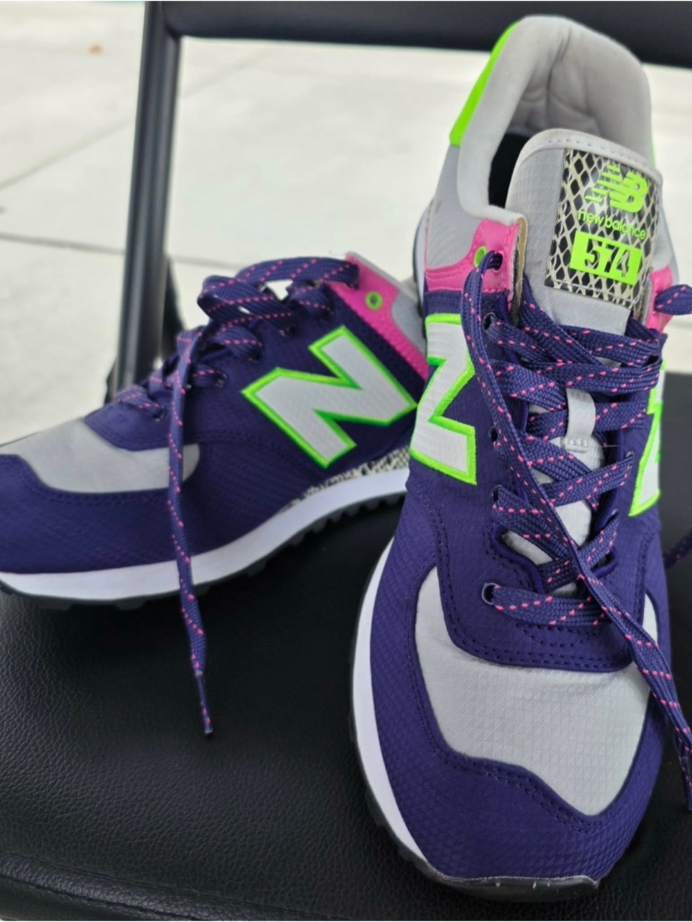 New Balance Purple with Neon Green Accent 574 Sneakers